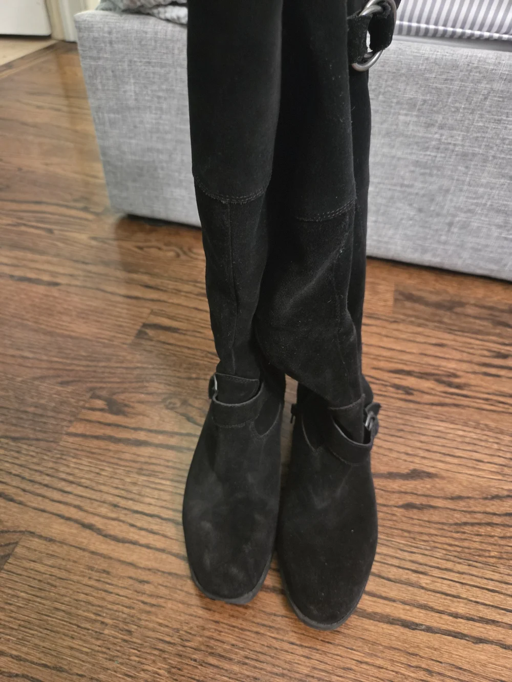 Crown Vintage black suede knee high boots with buckle, Size 8.5